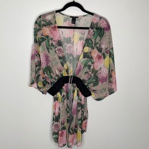 H&M Women Floral Garden Sheer Deep V-Neckline Kimono Style Top Size Large